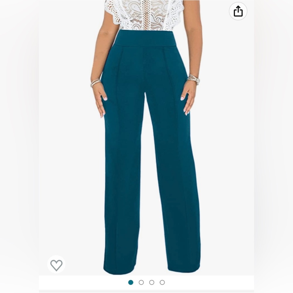 IvyMoo.Jade/teal crepe pleated pants.High waist.SzL 6-8.Long flare/boot cut.
